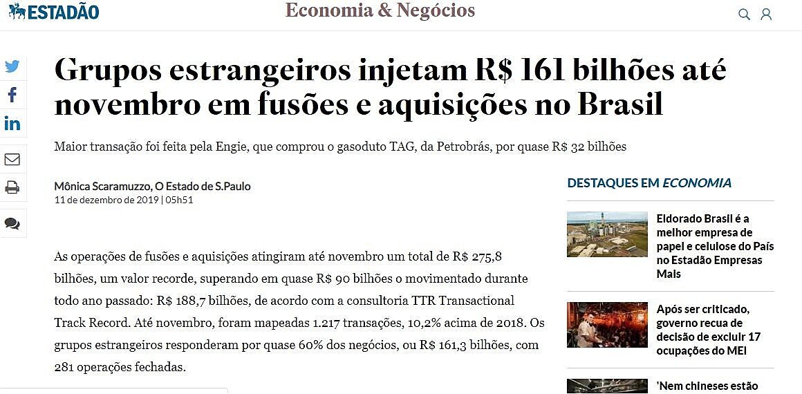 Grupos estrangeiros injetam R$ 161 bilhes at novembro em fuses e aquisies no Brasil